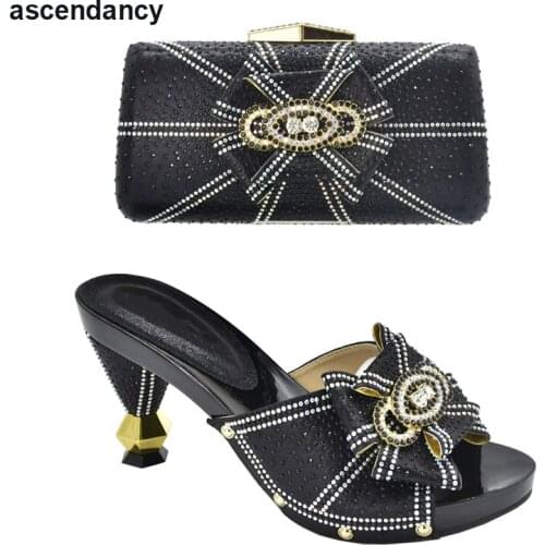 2021 Fashion Italian Women Shoes Matching Bag Set Decorated with Rhinestone African Ladies Comfortable Heels Sandals for Party