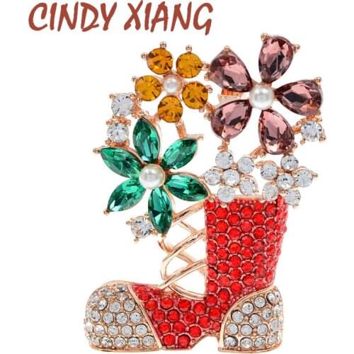 CINDY XIANG New Christmas Brooches Rhinestone Christmas Socks Shape Brooch Pins Crystal Flower Pins For Women Unisex Lovely Gift
