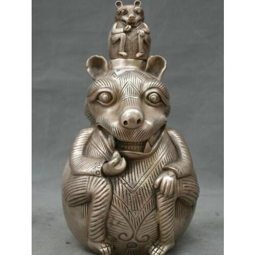 11.2" Marked China Silver Feng Shui Seat Dragon Beast Unicorn Winebottle Bottle