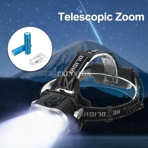 DHL 20PCS 10000Lm 2x T6 Dual LED Headlamp Telescopic Zoomable Headlight Lamp 3 Modes+2x18650 Battery+USB Cable