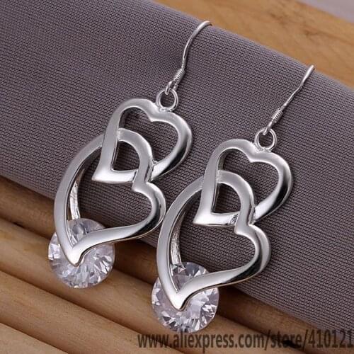 E174 Hot Sale High Quality Silver Clolor Jewelry,Wholesale Sterling Jewelry Elegant Charms Fashion Inlaid Double Heart Earrings