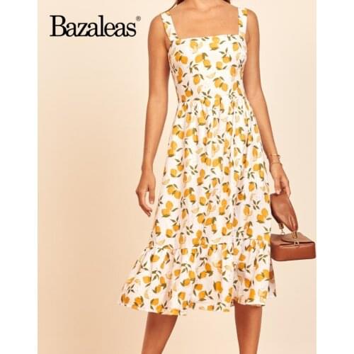Bazaleas Elegant Ruffles women Dress Sexy Tank vestidos Vintage Lemon fruit Print women midi dress