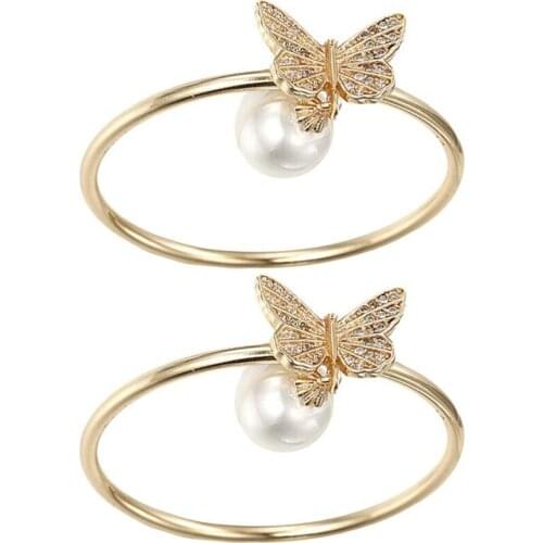 2Pcs Butterfly Napkin Rings Pearl Napkin Buckle Holder Handmade Home Party Dinner Wedding Table Decoration Gold