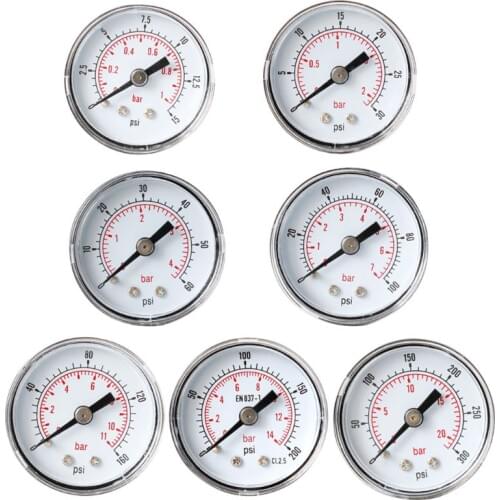 Pressure Gauge 40mm 1/8 BSPT Rear Back 15,30,60.100,160,300 PSI & Bar for Air, Gas, Water, Fuel