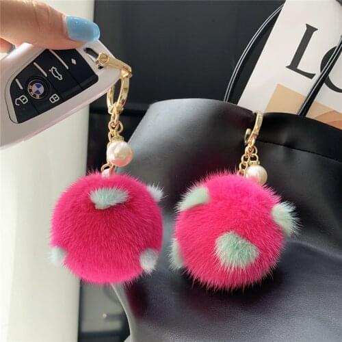 Cute Dragon Fruit Real Mink Keychain Plush Toy Women Bag Pendant Ornaments Car Fur Pompom Ball Key Rings Soft Trinkets Girl Gift