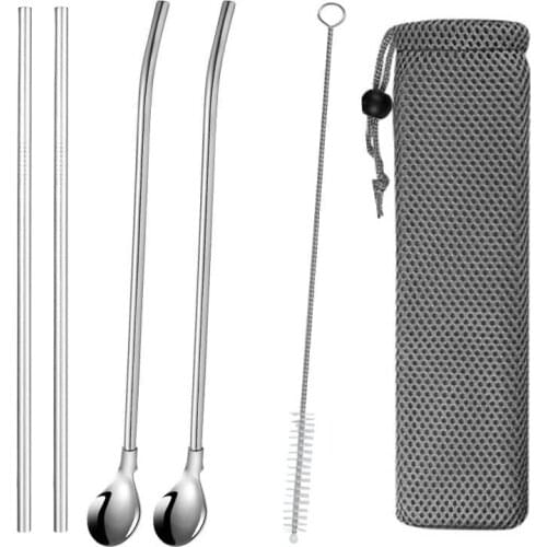 Reusable Metal Drinking Straws as as a stirring spoon 304 Stainless Steel Sturdy Bent Drinks Straw with Cleaning Brush