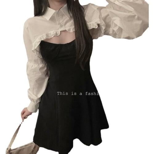 Fashion Two Piece Sets Sexy Black Dress + White Shirt 2 Pcs Suits Sweet Autumn Clothing 2020 New High Street Matching Sets