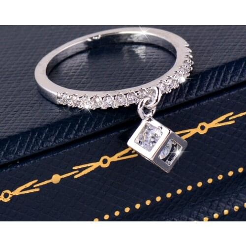 KIOOZOL 2021 New Hollow Square Pendant Crystal Ring Rose Gold Silver Color Ring Slim Girl Mini Jewelry Accessories Gifts 477 KO5