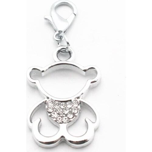 New Arrived 20pcs/lot Metal Silver Lovely Bear Rhinestone Dangle Charms With Lobster Clasp Charms Fit DIY Bracelet Jewelry