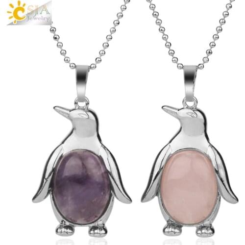 CSJA Penguin Pendant Necklace Natural Crystal Stone Oval Cabochon Beads Charm Pendants Cute Animal Jewelry Gifts for Female G180