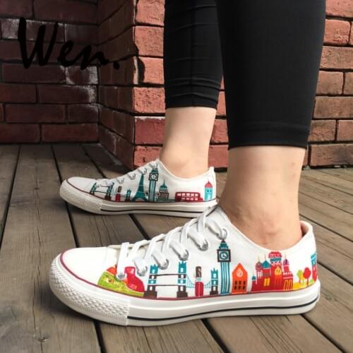 WEN Custom Original Hand Painted Shoes Design Travel Around The World Famous City Landmarks Low Top Lace Up Canvas Sneakers