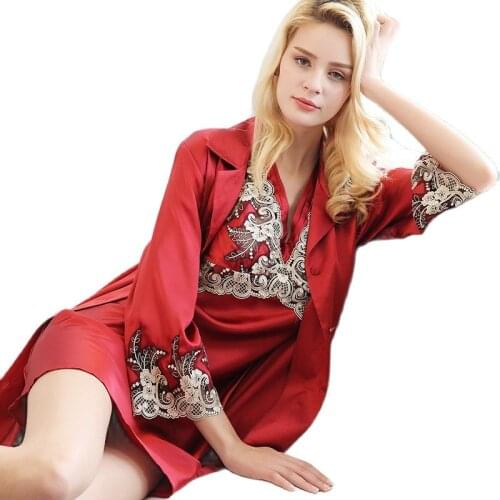 P9942 Silk pajamas Suspenders +robe two-piece Housewear sexy lace spring and autumn Women 100% Silk Nightgown Suit