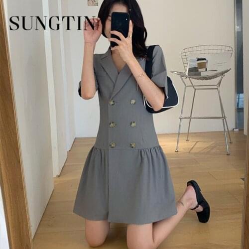 Sungtin Fashion Double Breasted Blazer Dress Black Grey V Neck Ruffle A Line Slim Mini Short Work Dress Women Elegant Vestidos