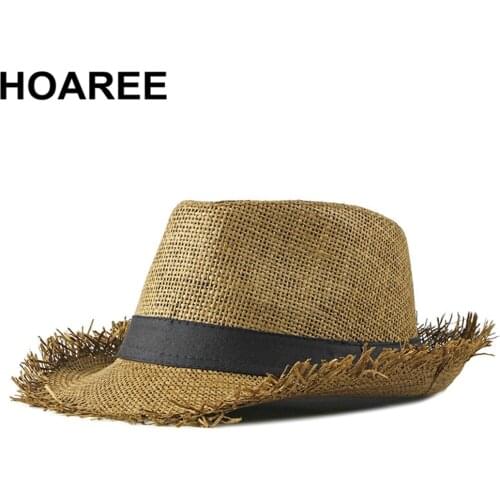 HOAREE Beach Hat Men Summer Panama Cap Casual Trilby Fedora Hat Male Straw Hat UV Protection Wide Brim Sombrero