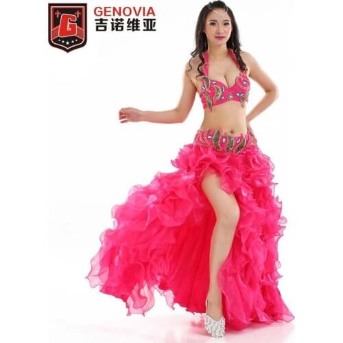 2018 Professional Belly Dance Costumes 3pcs Set Bra+hip Belt+bubble Skirt Full Outfit
