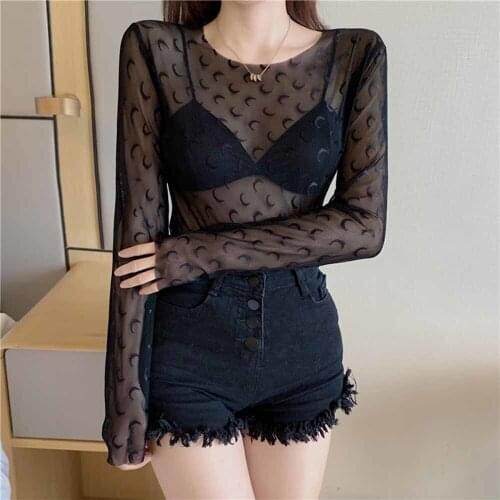 See Through Sexy Black Goth Mesh Tops Women Print Girl T-Shirts O Neck Long Sleeve Crop Korean Tee