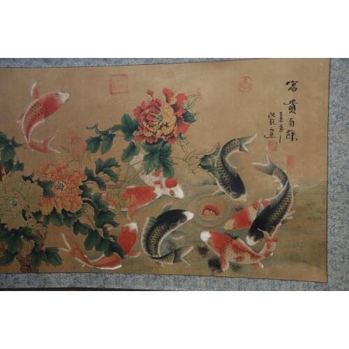Hand-painted Chinese paintings, picture the long axis of the Tang Dynasty in China,peony&fish, free shipping