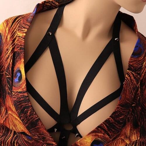 Sexy Tops Bondage Body Harness Hollow Out Black Elastic Rivet Cage Bra Goth Exotic Apparel Prom Dance Rave Wear Womens Fashion