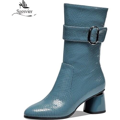 Sgesvier 2020 Genuine Leather Boots Thick High Heels Round Toe Winter Boots High Quality Keep Warm Buckle Ankle Boots Women