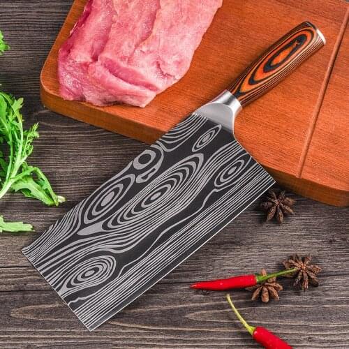 Japanese Stainless Steel Kitchen Knife 4Cr13mov Blade Cooking Knife Laser Damascus Pattern Chef Knife Color Wood Handle Cleaver