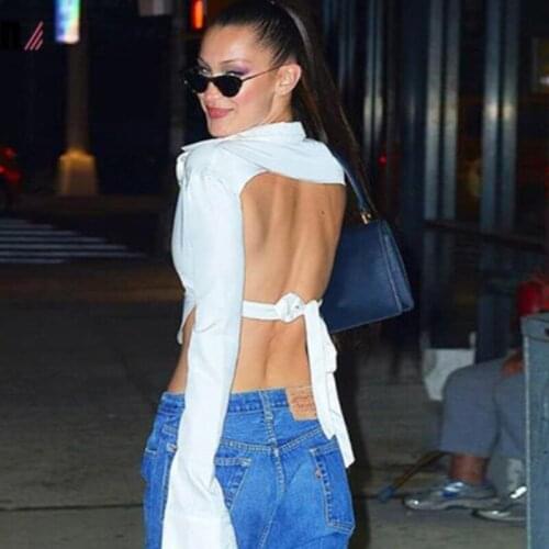 Women Hot Sale White T-shirt Vacation Streetwear Clothing Sexy V Neck Backless Tops Wild Long Sleeve Elegant Crop Tops Clubwear