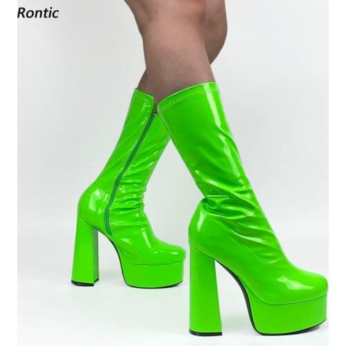 Rontic Women Winter Mid Calf Boots Platform Patent Side Zipper Hoof Heels Round Toe Pretty White Pink Party Shoes US Size 5-15