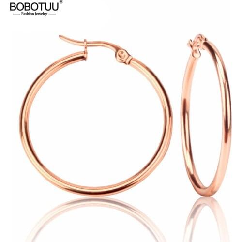 BOBOTUU Steel Gold Black Color Fashion Earrings Jewelry Stainless Steel Big Circle Round 20-60mm Hoop Earrings For Women BE18110