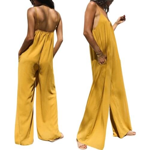 2021 Female Jumpsuit Summer Cool Solid Color U-Neck Sleeveless Spaghetti Strap Romper for Women Black/Yellow S/M/L/XL