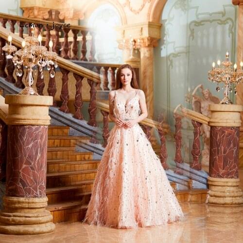 Lemon joyce Luxury Evening Dresses Long 2020 Sexy V-neck Backless Beading Feathers A-line Prom Party Gowns vestido de noiva