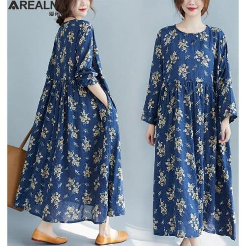 Autumn floral Long Shirt Dress Vintage Casual Cotton Linen loose Vestidos Women Long Sleeve plus size dresses for women 2021