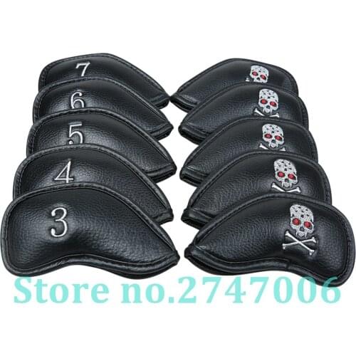 10PCS New Thick PU Artificial Leather Black Skeleton Golf Skull Iron Headcover Sets Iron Club Head Cover