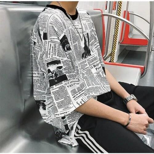 2021 Loose Summer Newspaper T-Shirt Male Funny Harajuku Tshirt Streetwear Men Fashion Japan Hip Hop O-Neck Oversizes T Shirts