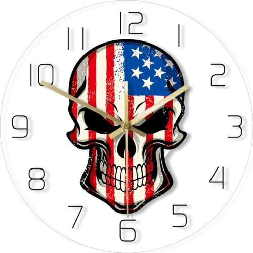 Skull Painted USA Flag America Skeleton Head Acrylic Arabic Numerals Wall Clock US Patriotic Wall Decor Mute Wall Hanging Watch