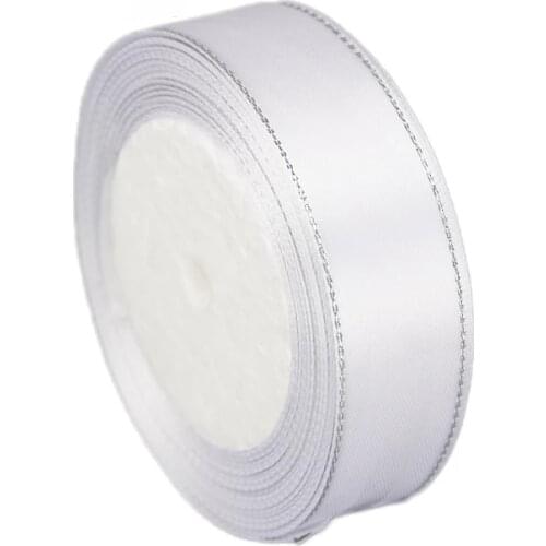25 yards/roll) White Silver Edge Satin Ribbon Wholesale Gift Christmas ribbons (6/10/20/25/40mm)
