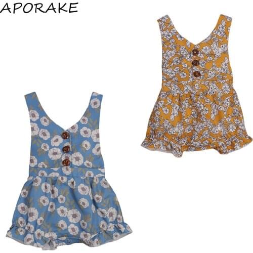 2021 0-18M Boho Infant Baby Girl Playsuit+Headband Summer New Floral Print V Neck Button Sleeveless Jumpsuit Romper Outfit