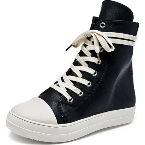 Plus Size 44 Women Sneakers Flat Heel PU Leather Casual Shoe for Women High Top Chunky Shoes Black Boots