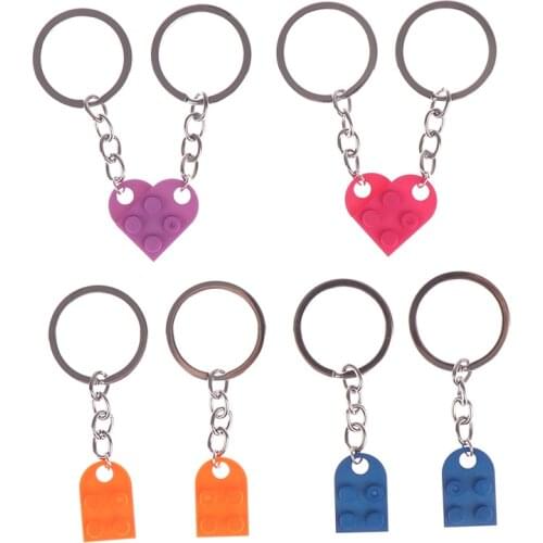 2Pcs Cute Love Heart Brick Keychain for Couples Friendship Women Men Girl Boy Lego Elements Key Ring Birthday Jewelry Gift