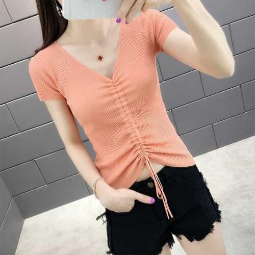 Summer V-neck Short Sleeve Orange Knitted Flow Orange T-shirt Top Womens Clothing Woman Tshirts Tops Mujer Camisetas
