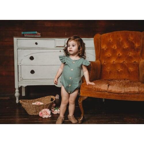 0-24M Sweet Beauty Baby Ruffled Fly-Sleeved Tight-Fitting Cotton And Linen Jumpsuit Solid Color Round Neck Back Buckle Romper