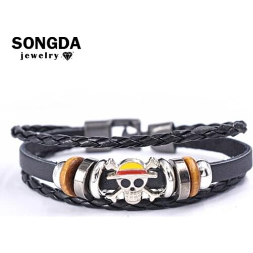 One Piece Luffy Pirate Leather Bracelet Anime Sign Skull Metal Bracelets Bangle Gothic Trendy Retro Jewelry Souvenir Wholesale