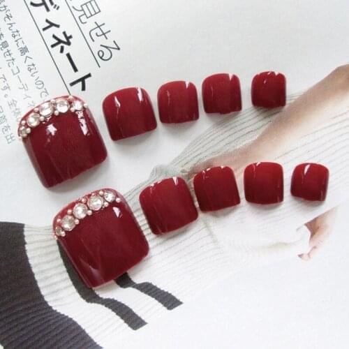 24Pcs Red Rhinestone Art Tips Full Cover False Toe Fake Nails Manicure Tools