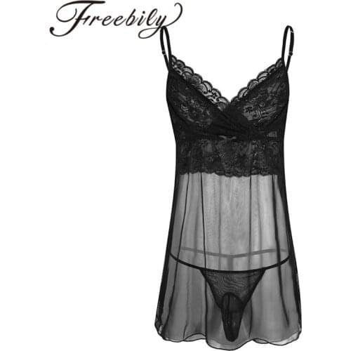 FREEBILY Mens Lingerie Mesh Mini Dress with G-string Nightwear Sleepwear Set Male Sexy Stretchy Nightdress Transparent Sleepwear