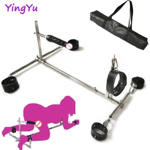 Unisex Stainless Steel BDSM Bondage Set Big Dildo Leather Handcuffs Wrist Cuffs Neck Collar Slaves Devices Sex Toys for Women