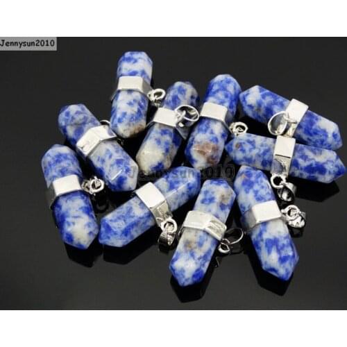 Natural Blue Spot Gems Stones Horizontal Hexagonal Pointed Reiki Chakra Pendant Beads Necklace Jewelry 10Pcs/Pack