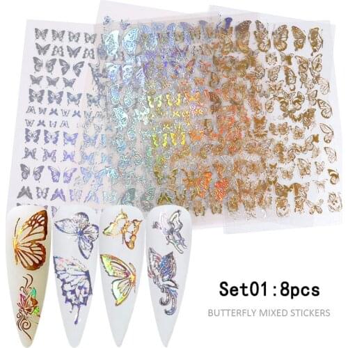 8/10pcs Holographic 3D Butterfly Nail Stickers Decals Laser Silver Golden Summer Nail Art Decoration Accessories DIY Design