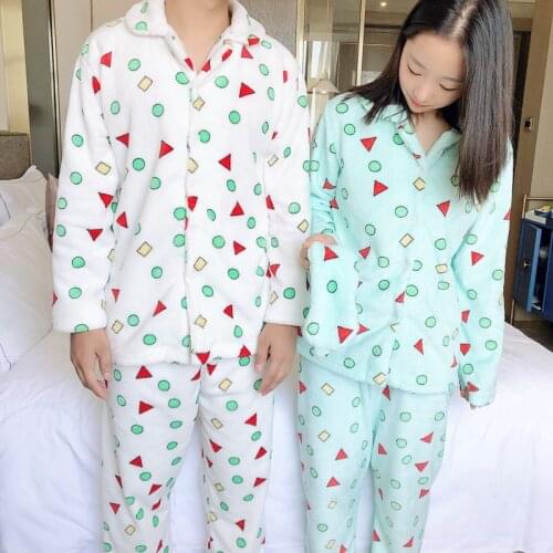 QWEEK Cartoon Couple Pajama Woman Winter Velvet Couple Pyjama Pour Femme Flannel Trouser Suits Pijamas Kawaii Clothes Loungewear