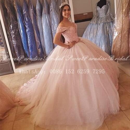 2020 Pink Tulle Lace Quinceanera Dresses With Appliques Off Shoulder Ball Gown Long Sweep Train Sweet 16 Dress Pageant