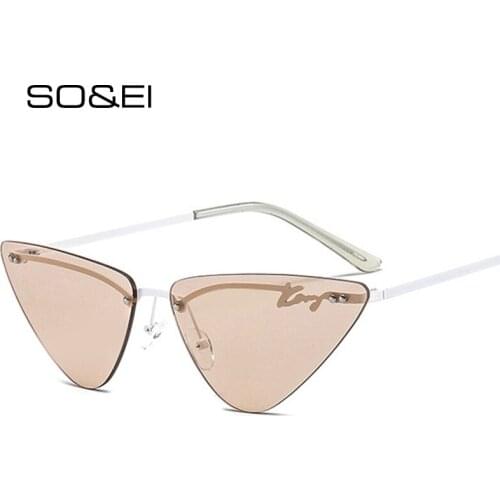 SO&EI Ins Popular Fashion Cat Eye Sunglasses Women Retro Rimless Clear Ocean Lens Eyewear Men Triangle Sun Glasses Shades UV400