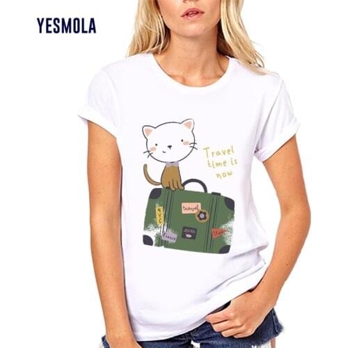 YESMOLA Women‘s T-shirt Printed Cute Cat Travel Time is Now Tshirt Female Cartoon Casual Short Sleeve Funny T-Shirts Cotton Tops