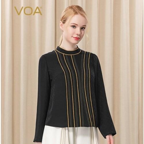 VOA Silk Jacquard 22m/m Half High Collar Yellow Thread Edge Back Neck Button Asymmetrical Straight Sleeve Woman Tshirts BE259